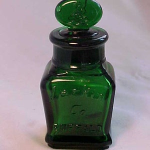 c1890s Larkin Salts Larkin Soap Co. Buffalo NY, Cork Top Emerald Green Blown Glass Perfume Bottle with the glass stopper, Great Gift Idea