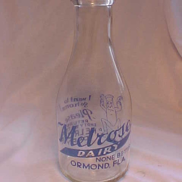 1951 Melrose Dairy none better Ormond, Florida, one quart Blue Pyro Painted Label TRPQ Milk Bottle, Country Kitchen Decor