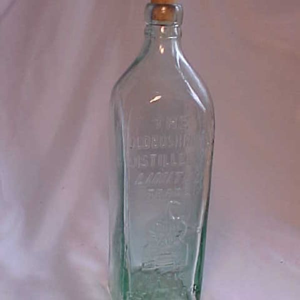 c1890s The Old Bushmills Distillery Co. Limited Pure Malt Scotland, Aqua Cork Top Blown Glass Whiskey Bottle with Applied Lip and Cork