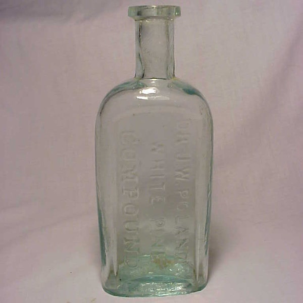 c1860s Dr. Poland's White Pine Compound by Dr. J. W. Poland Melrose, Mass., Cork Top Aqua Glass Patent Medicine bottle, Drug Store Decor