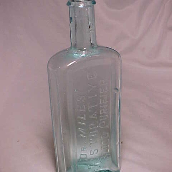 c1890s Dr. Miles Restorative Blood Purifier Indiana, Cork Top Aqua Glass Patent Medicine bottle, Drug Store Decor, Country Primitive Deor