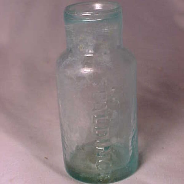 c1840-50s Spalding's Glue , Aqua Open Pontil Blown Glass Glue bottle, Civil War Prop, Country Primitive Decor, School House Decor