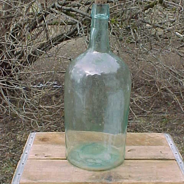 c1890s 1 to 1 1/2 Gallon Size Aqua Blown Glass Cork Top Demijohn Booze Whiskey Wine Bottle, Large Back Bar Bottle with Cork #6