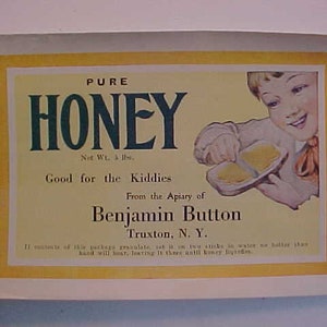 1922 Pure Honey from the Apiary Benjamin Button Truxton, N.Y., 5 pound Honey label for old tin pail, Country Kitchen Advertising Label