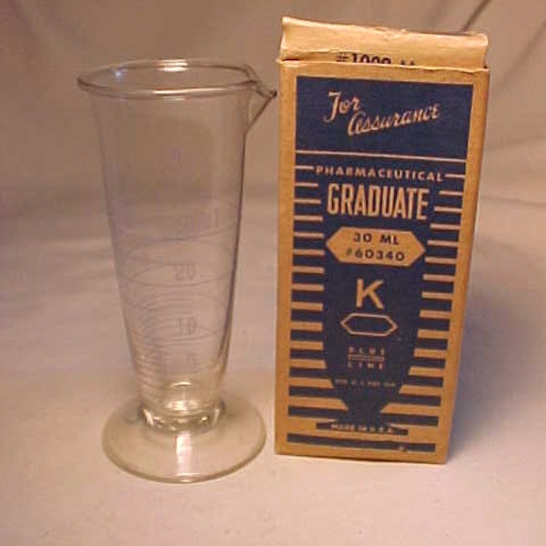 c1940s Kimble Blue Line Pharmaceutical Graduate 30 ML Medical Dose Cup , Vintage First Aid Medical Device in the original Box