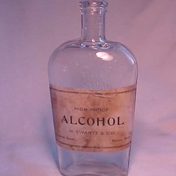 c1890s High Proof Alcohol H. Swartz & Co. Boston, Mass., Cork Top Blown Glass Pint Size Whiskey Strap Side Flask Bottle, Back Bar Decor