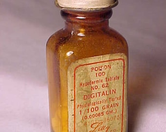 c1930s 100 poison Hypodermic tablets No. 62 Digitalin Eli Lilly & Co. Indianapolis, Ind., Paper Label Medicine bottle, Drug Store Decor