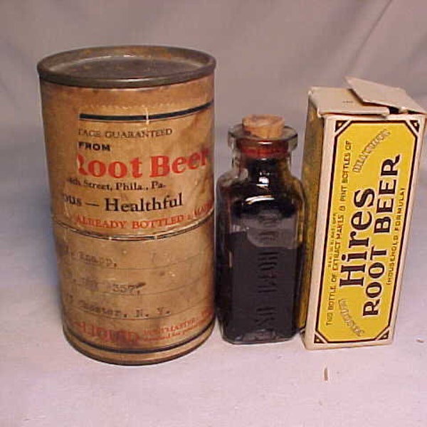 c1929 Hires Root Beer Extract Philadelphia, PA., Cork Top Sample Bottle with Box and Original Contents and shipping container with stamp