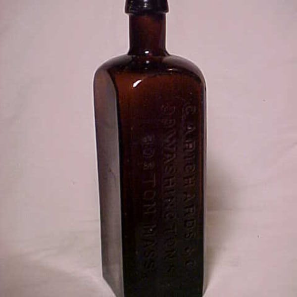 c1860-70s C. A. Richards & Co. 99 Washington St. Boston, Mass., Stoddard Amber Cork Top Blown Glass Whiskey Bitters Patent Medicine Bottle
