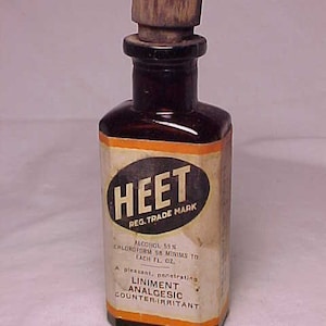 c1920s HEET Liniment Analgesic Edward Wesley & Co. Cincinnati Ohio, cork top amber glass patent Medicine Bottle with label, Drug Store Decor