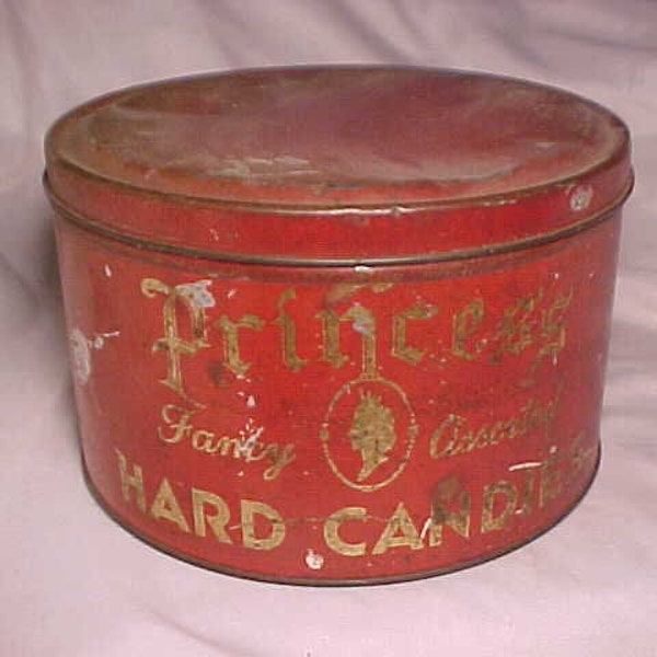 c1930s Princess Fancy Assorted Hard Candie American Store Philadelphia Advertising Candy Tin Can, Country Primitive Decor, Candy Store Decor