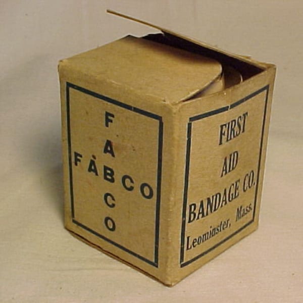 c1920s Fabco First Aid Bandage Co. Leominster, Mass., Medical First Aid Box, Drug Store Decor, Medicine Cabinet Decor