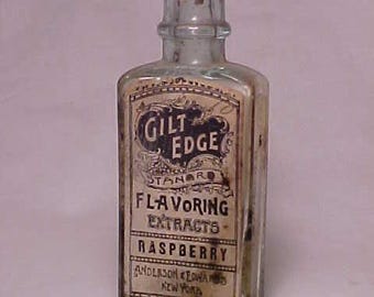 c1880s Gilt Edge stanard flavoring extracts Raspberry Anderson & Edwards New York, Cork Top blown aqua glass Extract Bottle with paper label