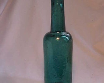 c1890s JSP Teal Green Blown Glass Cork Top Malt Extract Bottle , Back Bar Decor, Breweriana Brewery Brewer Beer Bottle, Window Decor