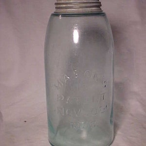 c1870s Mason's 13 underlined Patent Nov 30th 1858, Aqua half gallon Fruit Jar with a Zinc lid Cover, Country Primitive Decor, Gift Idea