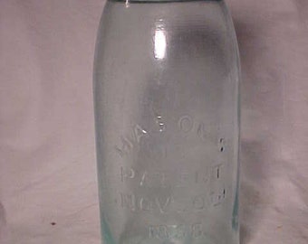 c1870s Mason's 13 underlined Patent Nov 30th 1858, Aqua half gallon Fruit Jar with a Zinc lid Cover, Country Primitive Decor, Gift Idea