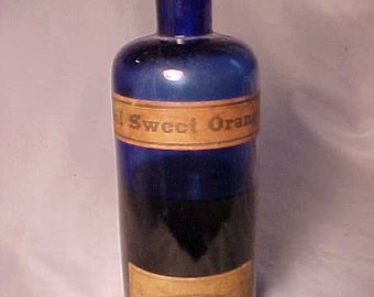 c1890s Oil Sweet Orange Cook, Everett & Pennell Portland, Maine, Cork Top Cobalt Blue Glass Essential Oil Bottle with 60% contents