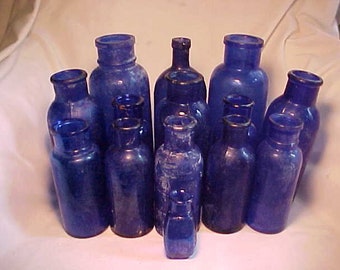 c1890-1915 Group of 14 Cobalt Blue Glass Cork Top Patent Medicine Bottles, Great Wedding Lot , Window Decor, Country Primitive Decor