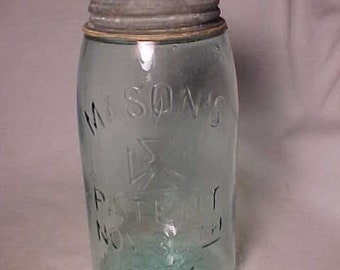 c1880s Mason's Hero Cross Patent Nov. 30th 1858, Aqua Quart Fruit Jar, Country Primitive Decor, Kitchen Storage Container , Hoosier Jar #13