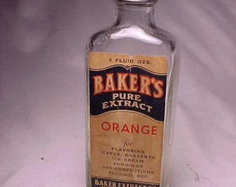 c1950s Baker's pure Extract Orange Flavor Baker Extract Co. Springfield, Mass., Extract Bottle with Paper Label, Hoosier Cabinet Decor