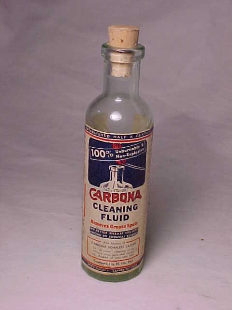 Antique 1930s Carbona 9 Oz Cleaning Fluid Aqua Bottle W/original Label Nyc  Ny 