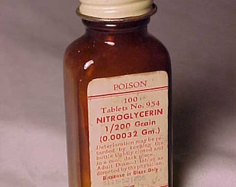 c1930s 100 poison tablets No. 954 Nitroglycerin Eli Lilly & Co. Indianapolis, Ind., Paper Label Medicine bottle, Drug Store Decor No.3