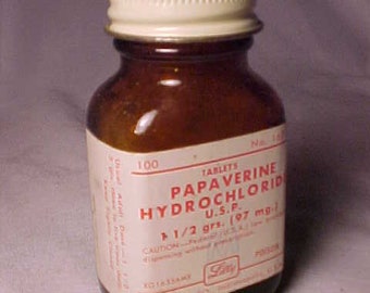 c1960 100 No. 1671 Papaverine Hydrochloride Eli Lilly & Co. Indianapolis, Ind., Paper Label Medicine bottle, Drug Store Decor