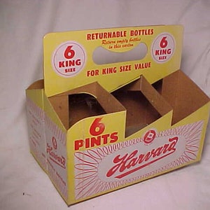 May include: A yellow cardboard six-pack carrier for Harvard 6 pints. The carrier has a red and white logo with the text 