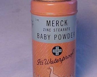 c1940s Merck zinc stearate Baby Powder Merck & Co. Inc. Manufacturing Chemists Rahway, N.J., Baby Powder Tin, Baby Shower Decor, Baby Room