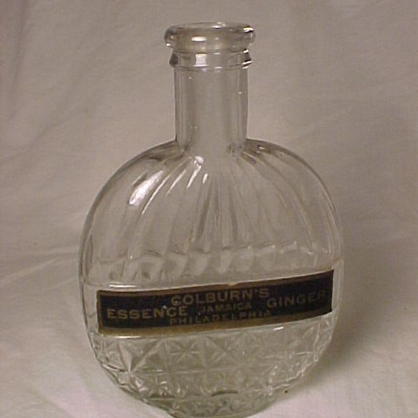 c1890s Colburn's Essence Jamaica Ginger Philadelphia, Pa. , Cork Top Blown Glass Pumpkin Seed Flask with Paper Label, Pocket Whiskey Flask