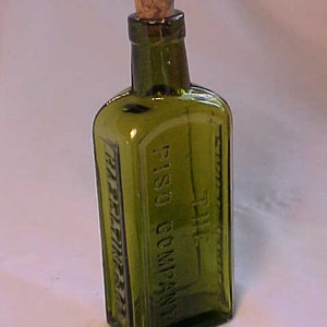 c1890s Piso's Cure The Piso Company Hazeltine & Co., Cork Top Olive Green Blown Glass Cure Bottle, Drug Store Decor, Window Decor #4