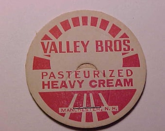 c1940-50s Valley Bros. pasteurized heavy cream Manchester, N.H., New Hampshire milk bottle Cap, New Hampshire Dairy Farm History