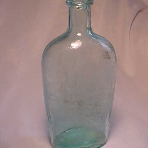 c1870s Nice Lyndeborough Glass Works Blown Glass Aqua Strapless Whiskey Pint Size Flask , Back Bar Decor, Man Cave Decor, Booze Bottle #2