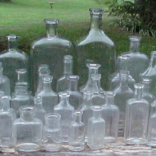 c1890-1920 Group of 31 Cork Top Mixed Clear Glass Medicine and other Bottles Great for WEDDING Display No. 4