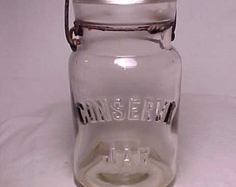 c1890s Conserve Jar Clear blown glass Pint Size Canning Fruit Jar with a ground lip , Country Primitive Decor, Hoosier Cabinet Jar No.2