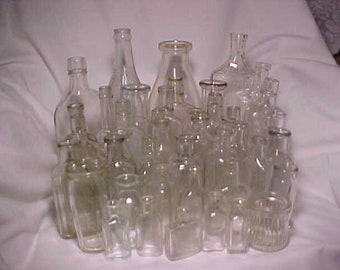 c1890-1940s Group of 44 Cork Top Clear Glass Medicine, Household, Beverage and food Bottle lot , Wedding Decor, Country Primitive Decor