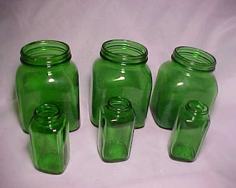c1940-1960s Group Lot Collection of 6 Emerald Green Glass Screw Top Medicine Bottles 3 1/4 & 4 5/8 Inches Tall, Saint Patrick's Day Decor #2