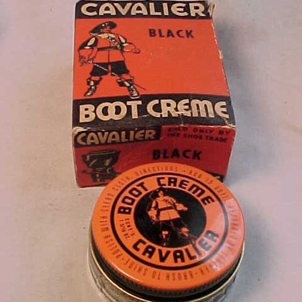 c1940s Cavalier Black Boot Creme The Kiwi Polish Co. Pottstown, Pennsylvania, Shoe Polish Jar with box, Country Primitive Decor