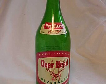 1961 Deer Head Beverages bottled by Fall River & New Bedford Bottling Works Fall River, Mass, Green ACL Label Crown Top 28 ounce Soda Bottle