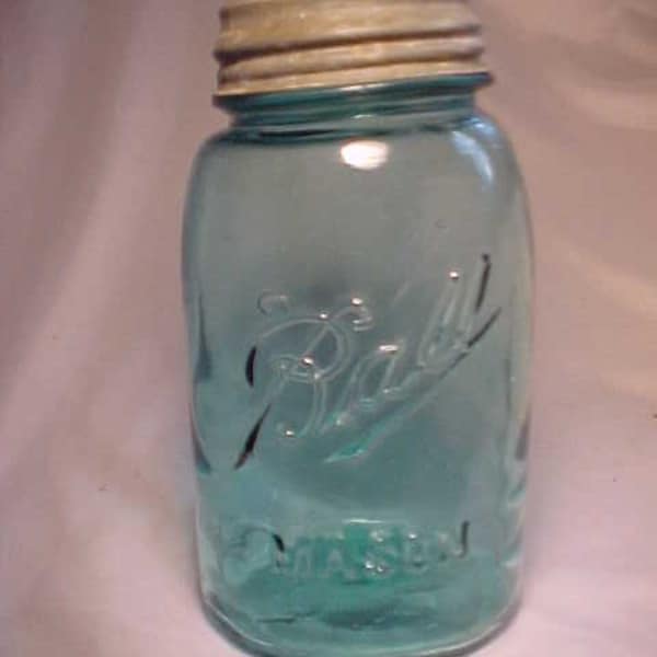 c1900-10 Ball Mason crude crooked top, Ball Blue Quart Canning Fruit Jar with Zinc Cover Country Primitive Decor, Hoosier Cabinet Jar