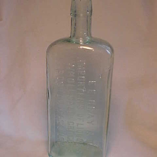 c1890s E. E. Gray Co. Importers and Wholesale Grocers Boston, Mass., Quart Size Cork Top Aqua Blown Glass Whiskey Back Bar Bottle Flask