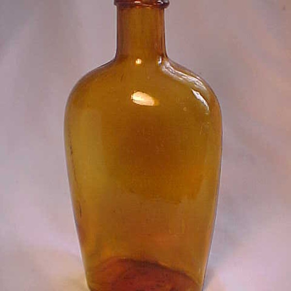 c1870s Nice L. G. Co. Lyndeborough Glass Works Blown Glass Amber Strapless Whiskey Pint Size Flask, Back Bar Decor, Booze Bottle