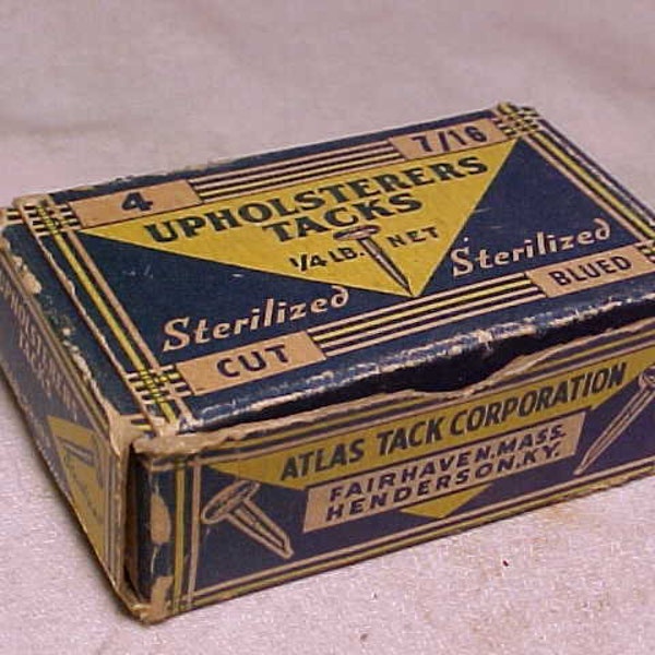 c1940s No.4 Atlas sterilized cut blued Upholsterers tacks Fairhaven, Mass., Cabinet making Carpentry Advertising Box, Hardware Store Decor