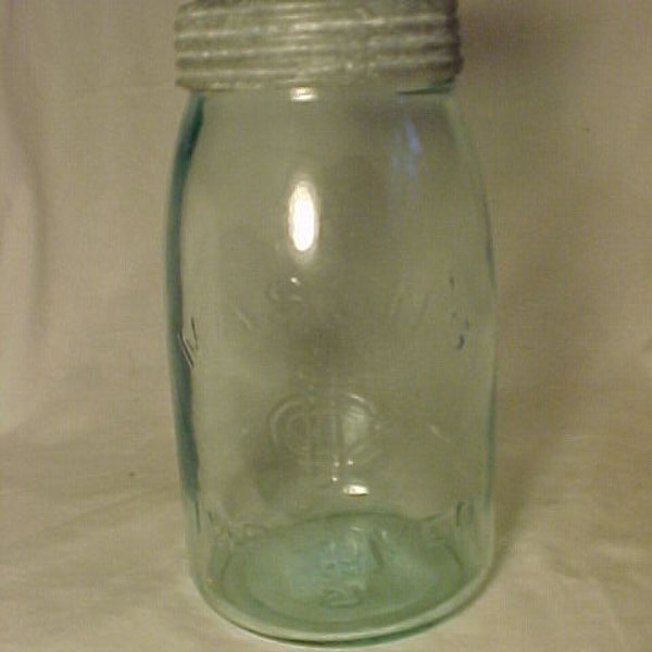 c1880s Mason's CFJ Co. Improved , Aqua Quart Fruit Jar with the original Zinc Band & Glass Cover , Country Primitive Decor No.7