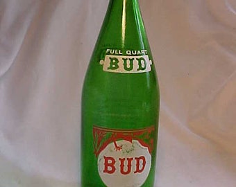 1959 BUD Watertown Beverage Company Watertown, Mass., green glass 32 ounce ACL Painted Label Crown Top Soda Bottle, Back Bar Bottle No.2