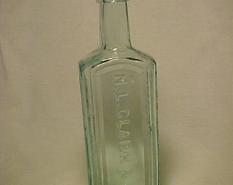 c1870s N. L. Clark & Co. Peruvian Syrup Providence, R.I. , Cork Top Aqua Blown Glass Patent Medicine bottle , Country Primitive Decor No.2