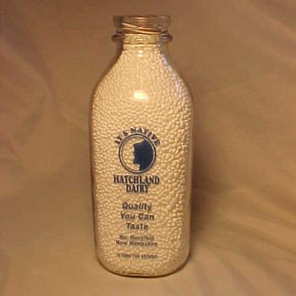 c1990s Hatchland Dairy North Haverhill, N.H., Quart Size Blue Pyro N.H. Milk Bottle with Old Man of the Mountain, Wells River Vermont Bank
