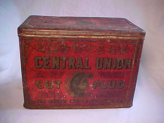 C1910-20 Central Union Cut Plug the United States Tobacco Co. Richmond,  Virginia, EMPTY Lunch Box Tobacco Tin , Man Cave Decor