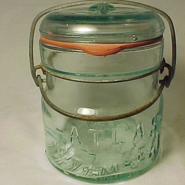 c1910-20s Atlas E-Z Seal , Aqua glass Half Pint Fruit Jar, 1/2 pint Canning Jar , Country Kitchen Decor, Country Primitive Decor
