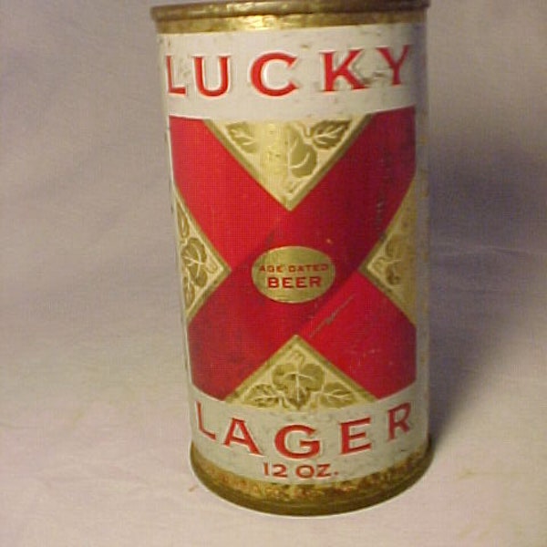 1961 Lucky Lager age dated Beer Lucky Lager Brewing Co. Salt Lake City also at San Francisco, Vintage Flat Top Beer Can, Man Cave Decor